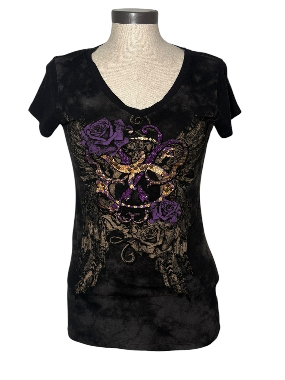 Southpole Y2K Studded Graphic Tee Purple Roses Black Emo Grunge Tattoo